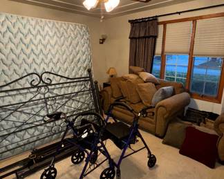 Walkers, queen and king bed frames and mattresses (in excellent condition), loveseat and chair, throw pillows! 