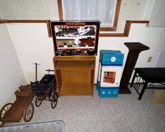 Antique/vintage misc items, new shelving, train set, benches and more! 
