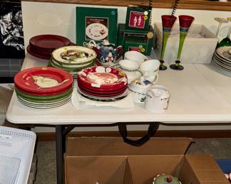 Sets of plates, dinnerware, some vintage,
Great replacement pieces, glasses, and lots of Christmas serving items.