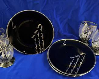 Vintage 1920s Black Clear Glass Dinnerware Set Rare Art Deco Style