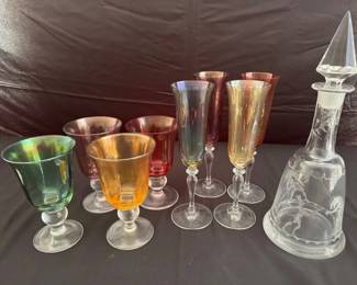 Vintage Iridescent Stemware 8 pcs Heisey Deep Plate Etched Crystal Decanter w Steeple Stopper