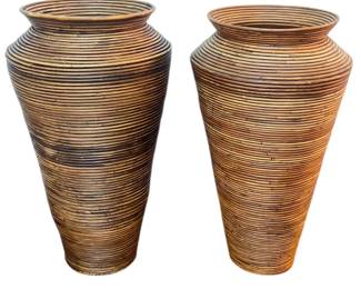 Pencil Reed Bamboo Floor Vases, Near Pair
