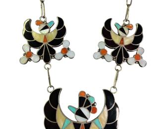 Native American Sterling Silver Zuni Inlay Thunderbird Necklace
