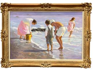 L. HAMILTON Impressionist Oil Painting of Children on Beach
