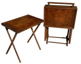 Mid Century Burlwood Folding Tray Tables, Set of Four
