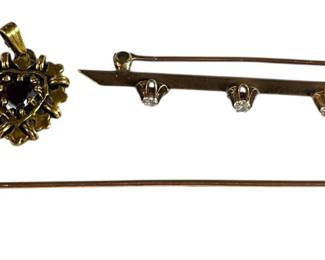 14k & 10k Gold & Diamond Pins, 14k Ruby Heart Pendant
