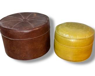 Two Mid Century Leather Round Ottomans
