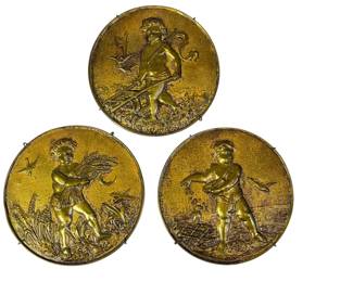 Antique French Brass Repousse Cherub Plaques
