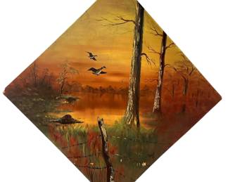 Large 1957 Folk Art Woodland Acrylic Mural Painting
