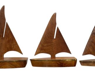 Set of Three Nesting Mid Century Brass and Wood Sailboat Sculptures
