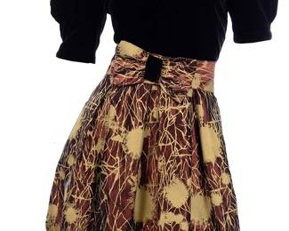 A 1980s THERESE BAUMAIRE Black Velvet & Copper Print Dress
