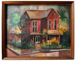 Vintage Signed "Red House" Oil Painting
