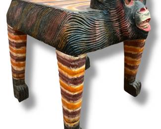 Painted Folk Art Carved Figural Monkey Table
