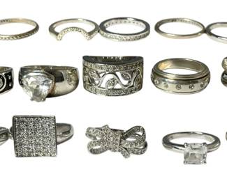 Collection of Sterling Silver and Rhinestone Rings and Eternity Bands
