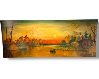 Wall Sized 1957 Folk Art Log Cabin Mural Painting
