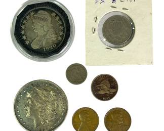 Old U.S. Coins 1857 Nickel, Indian Head Pennies, Half Silver Dollars
