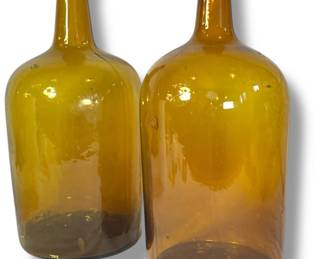 Large Amber Glass Demijohn Bottles, Near Pair
