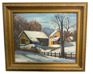 Scenic Winter Farm Landscape Painting