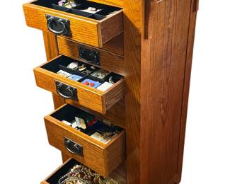 Arts and Crafts Style Jewelry Armoire w Vintage Jewelry