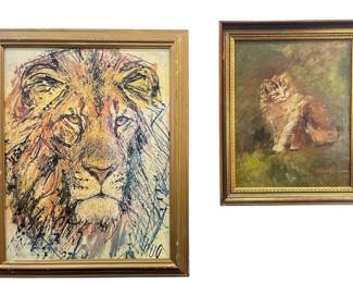 Mid Century Cat Painting and Lion Print by FRITZ RUDOLF HUG