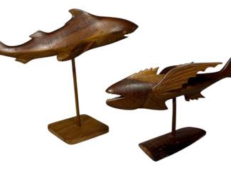 Two Fish Wood Sculptures on Stand
