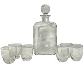 Etched Glass Deer Motif Decanter and Shot Glasses