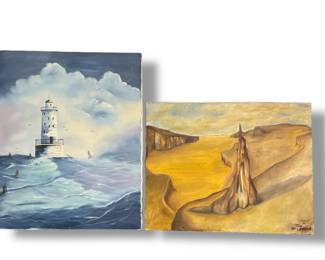 Two Mid Century Painting, Desert and Ocean Scenes