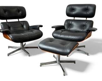Pair Early SELIG Eames Style Lounge Chairs & Ottoman