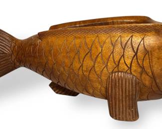 Mid Century Tiki Carved Wood Koi Fish Planter
