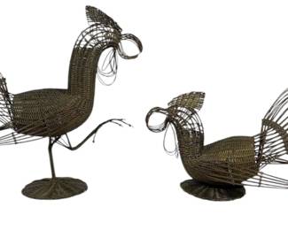 Two Decorative Folk Art Wire Chicken Sculptures