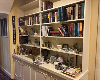 Books everywhere, collectibles and glassware