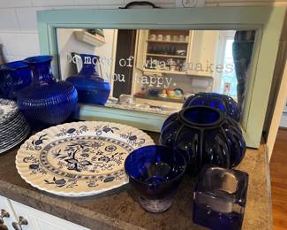 Vintage glassware, pottery and dinnerware, including a large selection of cobalt blue glass.