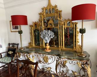 Large, gorgeous iron table with double marble top.
