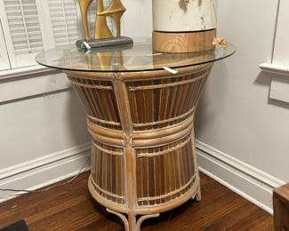 Beautiful bamboo table, gold lamp, and large marble planter