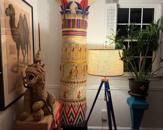 Consult table, hand-painted columns, floor lamp, turquoise wooden plant stand 