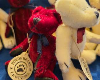 Tiny bears in deep red and white with tags