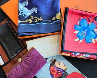 Hermes Cosmos blue  scarf in box, Hermes scarf in box, Balanciaga scarf, Chanel wallet, Judith Lieber wallet, 
