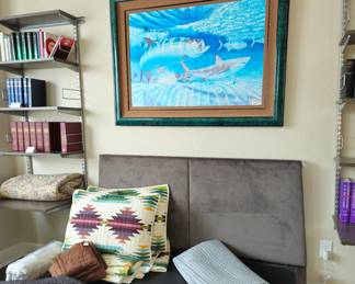 Queen platform  bed frame dark gray sueded headboard.