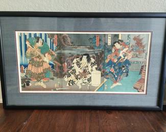 Wood block tryptich of a Samuri on left (Yao no Kurado), center: Sugimoto, right: Kusunoki Myoomaru.    Utagawa Kunisada 1859. Deluxe impression with mica and gauffage.