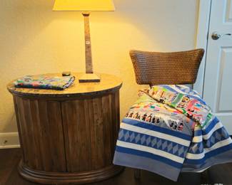 Henredon side table, Vietnamese fabric art, one of four Chris chairs.