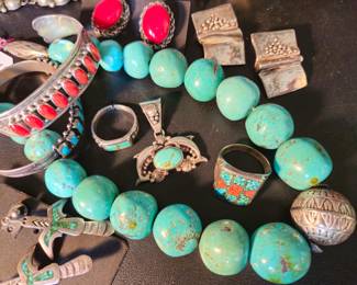 Go bold with huge turquoise beads or add to your accessories with .925 cuffs, earrings, rings, and a pendant.