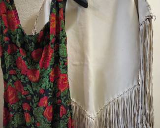 Allover beaded evening gown and buckskin dress. Size 8-10