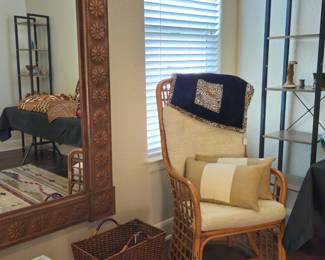 Large copper framed mirror, rattan chair, Ralph Lauren rug
