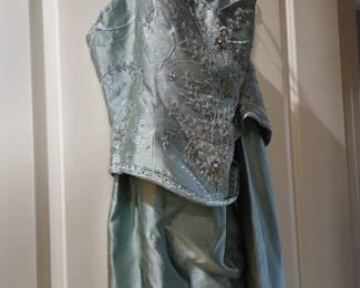 Ice blue evening wear with beaded top and beaded short train. Size 10-12