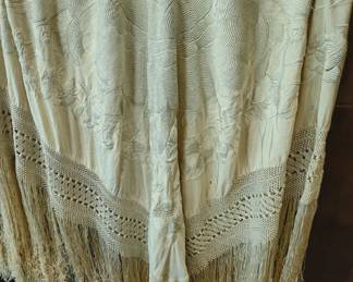 Large vintage silk piano shawl embroidered on both sides with extra long fringe. Exception quality. Large, heavy and in excellent condition.