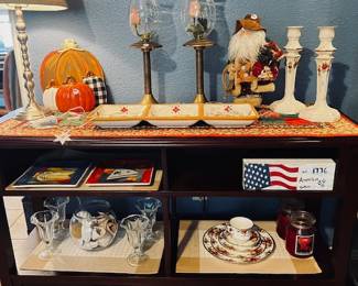 Table, Lamp, Brass Hurricane Lamps, filled with Holiday Decor