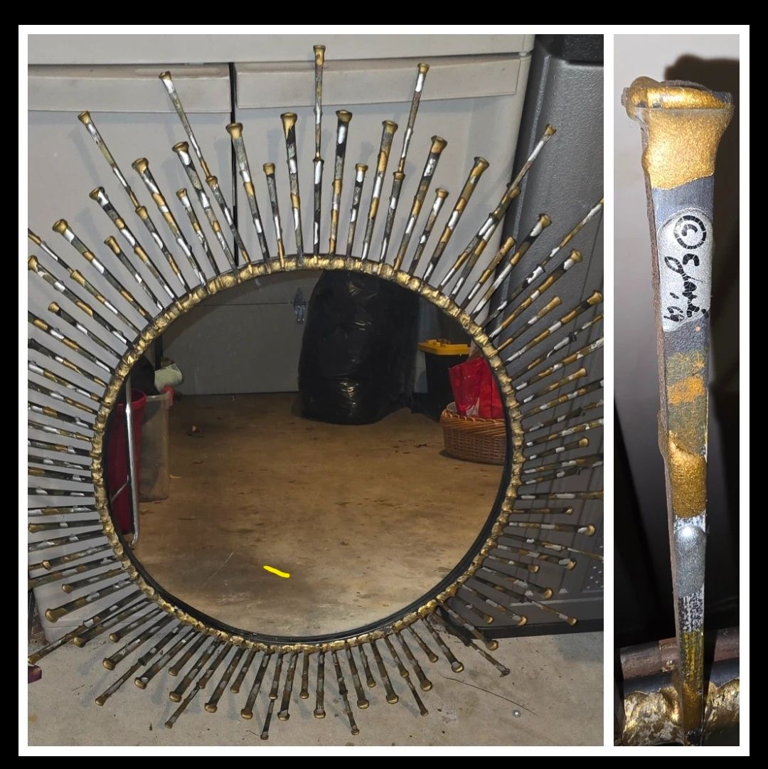 MCM brutalist metal sculpture mirror by C. Jere dated 1969