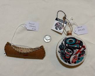 Drum and canoe Native American inspired ornaments. Choice. Buy it now. Prices as marked.