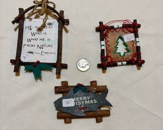 Wooden framed ornaments. Prices as marked. Buy it now. Choice.