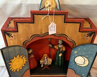 Vibrant handcrafted Folk Art Nativity set by artist Charles M. Carillo. Box opens to reveal the Holy Family. Remarkable piece. Buy it now. $275